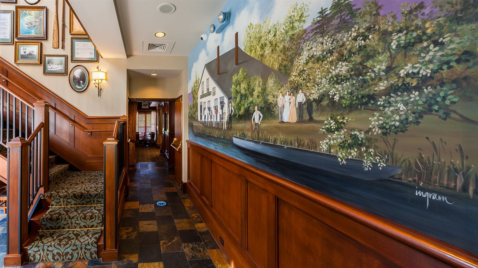 Canal history mural along the stair hall at LockKeepers