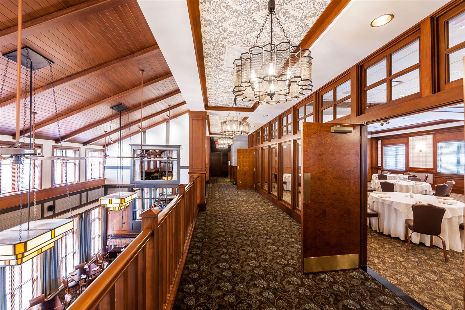 Mezzanine hall with glass chandeliers at LockKeepers