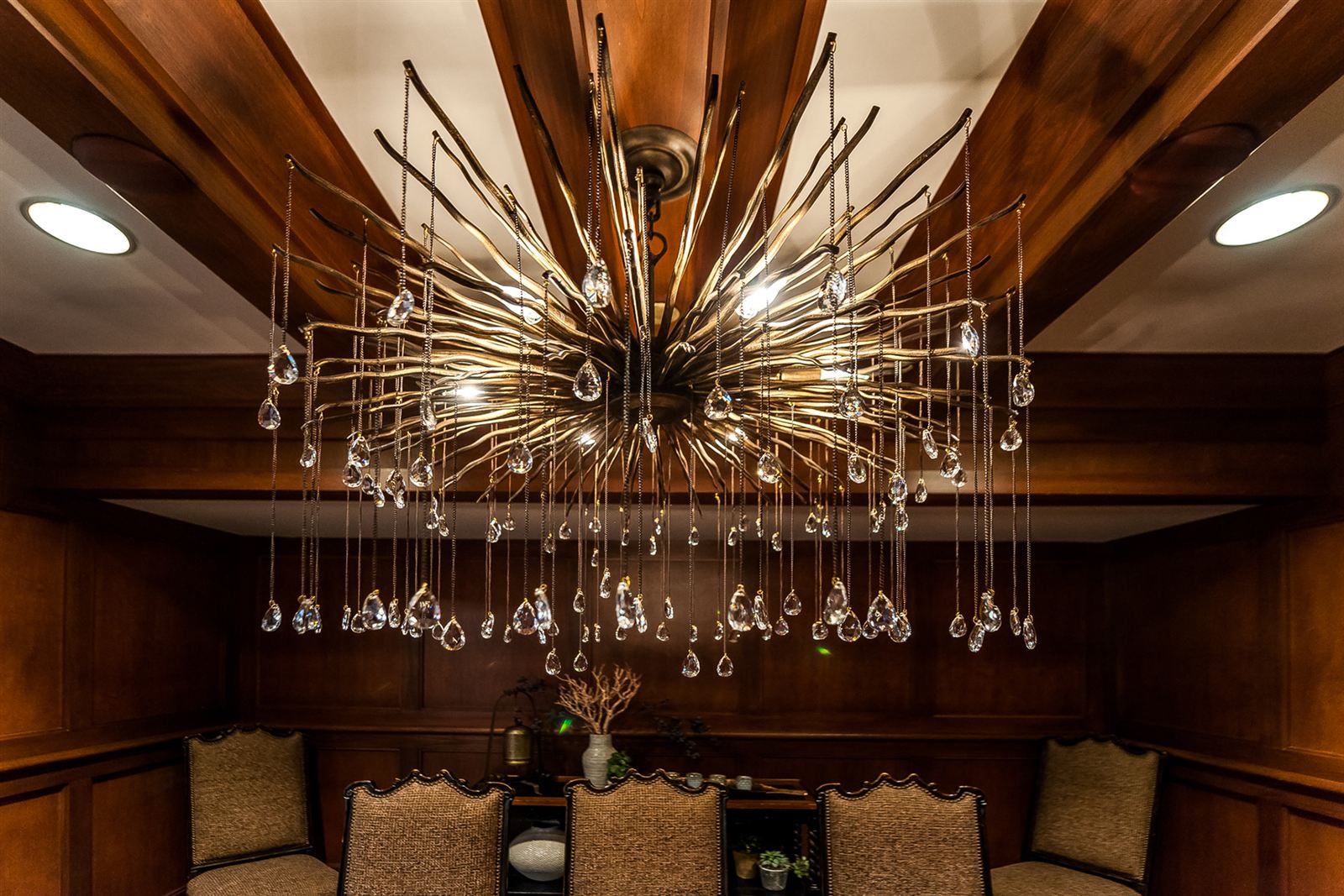 Branch and crystal chandelier detail at LockKeepers